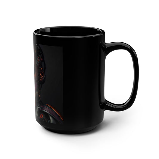 Futuristic Black Mug, 15oz Coffee Cup for Tech Lovers, Robotic Art Design, Gift for Sci-Fi Fans, Unique Kitchen Decor