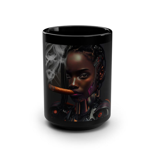 Futuristic Black Mug, 15oz Coffee Cup for Tech Lovers, Robotic Art Design, Gift for Sci-Fi Fans, Unique Kitchen Decor